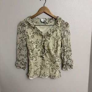 ICE Ruffle Blouse Vintage Y2K Mesh Sheer Overlay Top Paisley Cream Tan